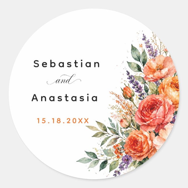 Boho Wedding Sticker Orange Roses Floral Garden  (Front)
