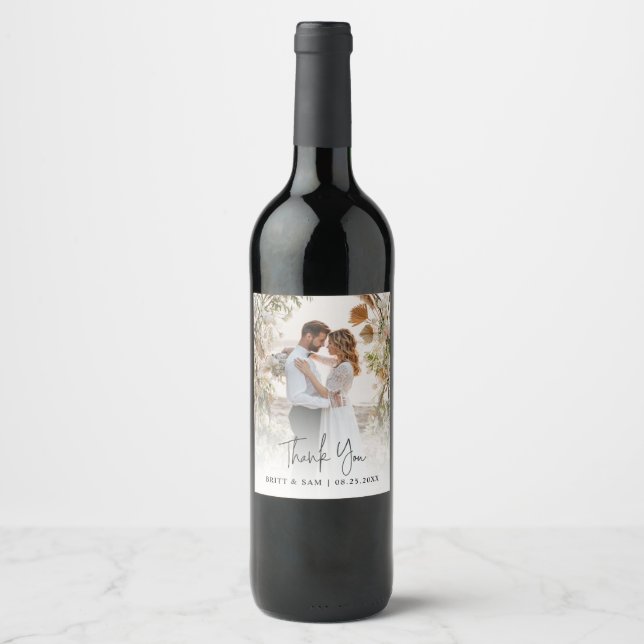 Boho Wedding Thank You Handwritten Script Photo Wine Label (Front)