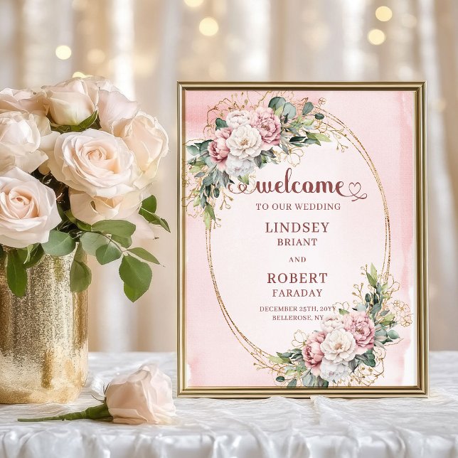 Boho Wedding Welcome Dusty Pink Floral Gold Sign (Boho Wedding Welcome Dusty Pink Floral Gold)