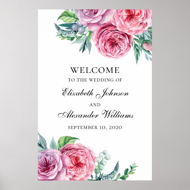 Boho welcome sign print. Wedding pink flowers (Front)