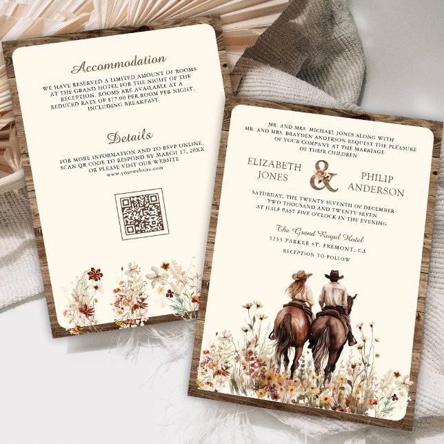 Boho Western Couple Riding Horse QR Code Wedding Invitation (Creator Uploaded)
