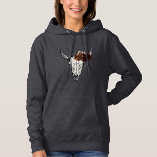Boho Western Cow Skull Bull Skull Floral Hoodie
