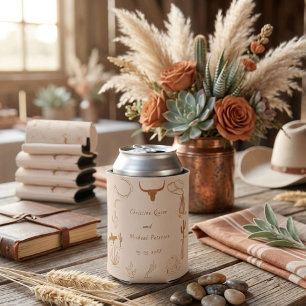 Boho Western Cowboy Illustration Wedding Can Cooler