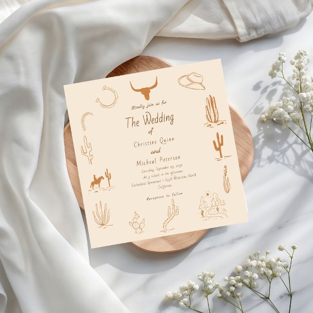 Boho Western Cowboy Illustration Wedding Invitation (Creator Uploaded)