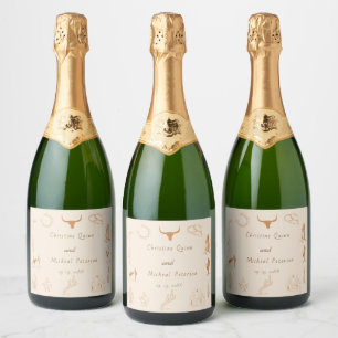 Boho Western Cowboy Illustration Wedding Sparkling Wine Label