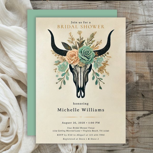 Boho Western Floral Bull Cow Skull Bridal Shower Invitation (Boho Western Floral Bull Cow Skull Bridal Shower Invitation)