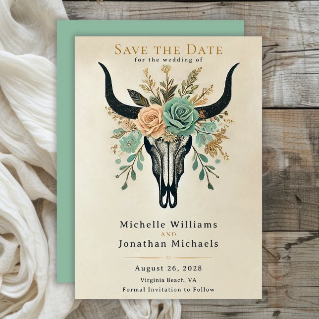 Boho Western Floral Bull Cow Skull Wedding Save The Date (Boho Floral Bull Cow Skull Wedding Save The Date)