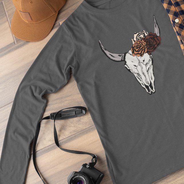 Boho Western Floral Bull Skull Womens T-Shirt (Boho Western Floral Bull Skull Long Sleeve T-shirt. Cow Skull and Roses Country Cowgirl. Hand-Drawn.)