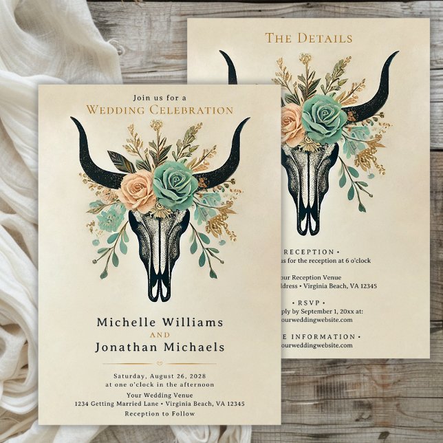 Boho Western Floral Cow Skull All in One Wedding Invitation (Boho Floral Bull Skull All in One Wedding Invitation)