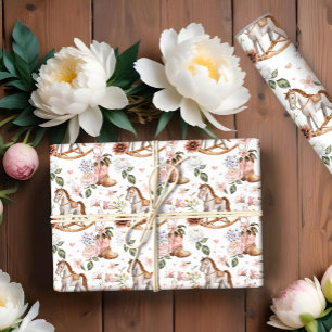 Boho Western Floral Rocking Horse Girl Baby Shower Wrapping Paper