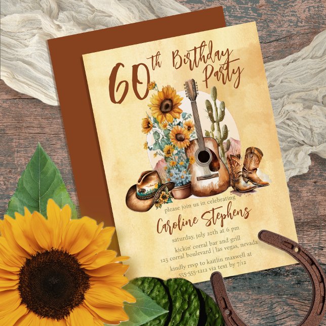 Boho Western Guitar Sunflowers 60th Birthday Party Invitation (Make her Birthday Party unique with this Boho Rustic Western-themed Guitar & Sunflowers design!)