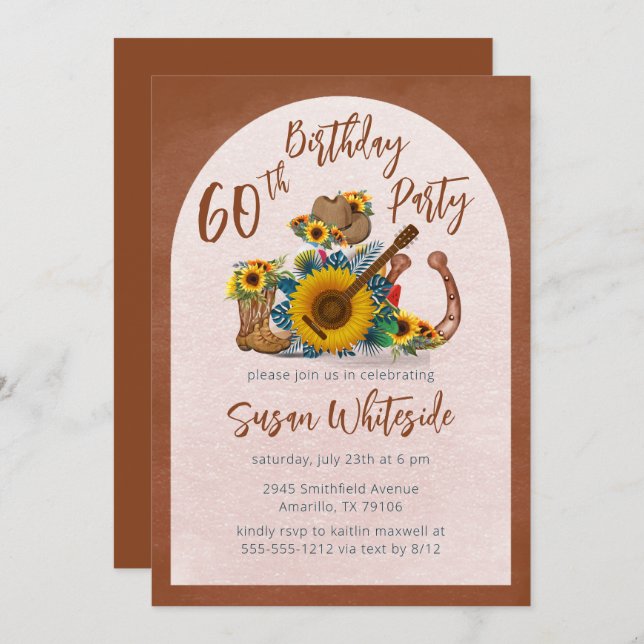 Boho Western Guitar Sunflowers 60th Birthday Party Invitation (Front/Back)