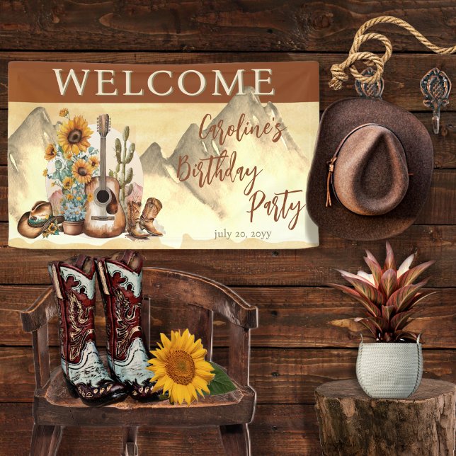 Boho Western Guitar Sunflowers Birthday Party Banner (Creator Uploaded)