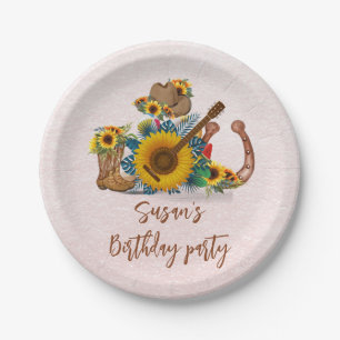 Boho Western Guitar Sunflowers Birthday Party Paper Plate