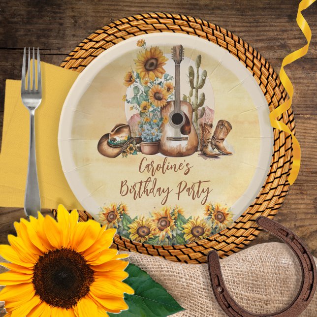 Boho Western Guitar Sunflowers Birthday Party Paper Plate (Planning a western music-themed birthday party -- don't forget to include the party accessories!)