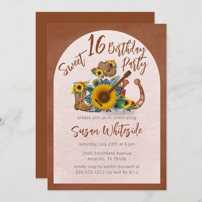 Boho Western Guitar Sunflowers Sweet 16 Party Invitation (Front/Back)
