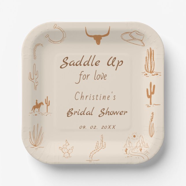 Boho Western Saddle up Cowboy Bridal shower Paper Plate (Front)