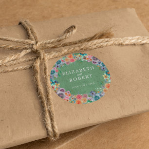 Boho Whimsical Green Wildflower Watercolor Wedding Classic Round Sticker