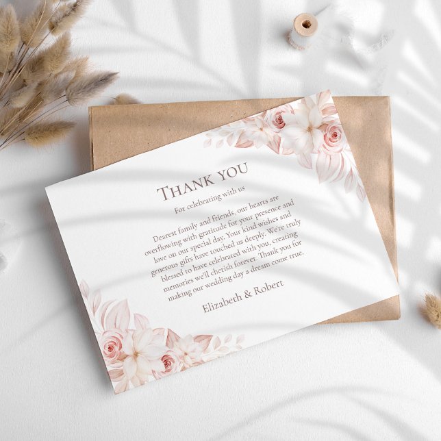 Boho White and Blush Pink Roses Wedding Thank You Card (Boho White and Blush Pink Roses Wedding Thank You Card on a sunny boho table.)