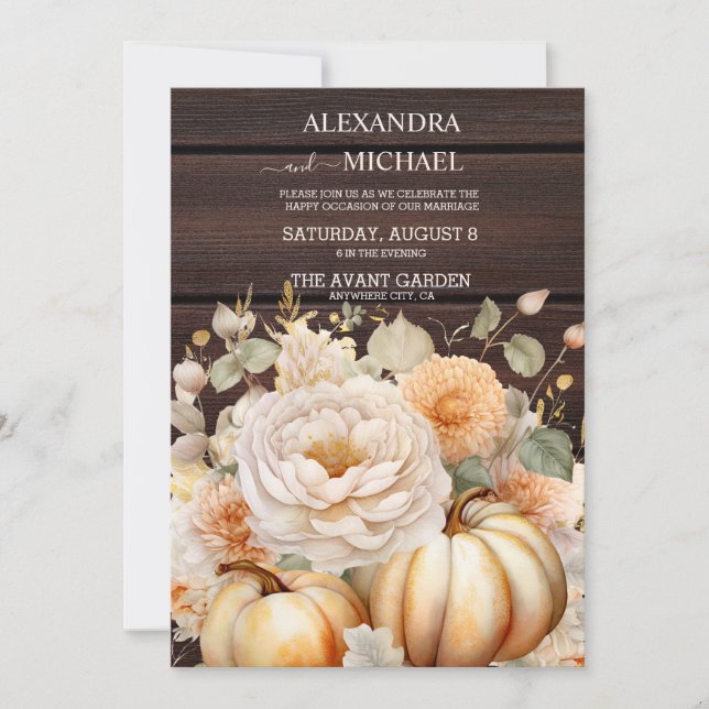 Boho White and Gold Glitter Pumpkins Wedding Invitation (Front)