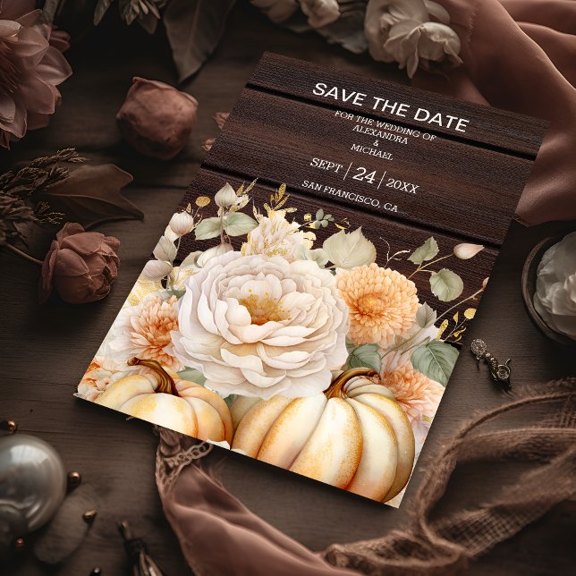 Boho White and Gold Glitter Pumpkins Wedding Save The Date (Creator Uploaded)