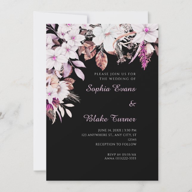 Boho White and Pink Floral Autumn Black Wedding Invitation (Front)