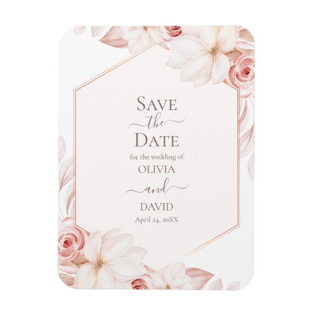 Boho White and Pink Roses Save the Date Card Magnet (Vertical)