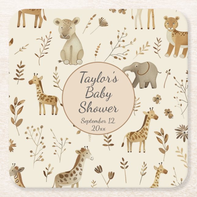 Boho White Beige Jungle Animals Baby Shower Square Paper Coaster (Front)