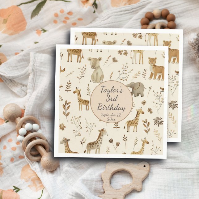 Boho White Beige Jungle Animals Birthday Napkin (Creator Uploaded)