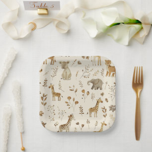 Boho White Beige Jungle Animals Paper Plate