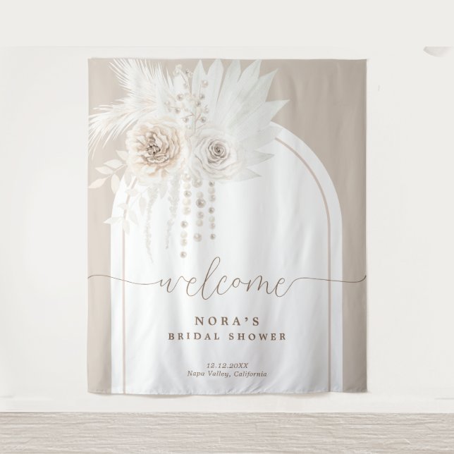 Boho White Boho Floral Arch Backdrop Tapestry (Front)