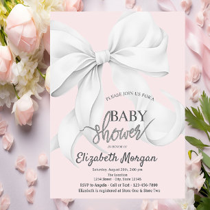 Boho White Bow Pink Striped Baby Shower Invitation