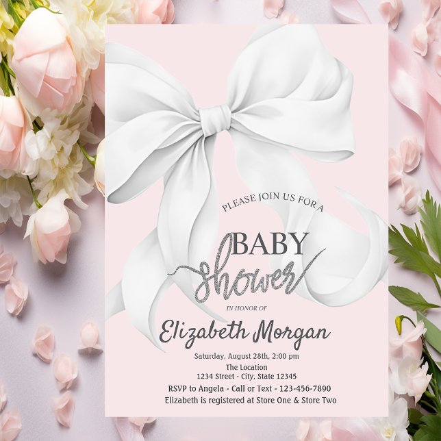 Boho White Bow Pink Striped Baby Shower Invitation (Creator Uploaded)