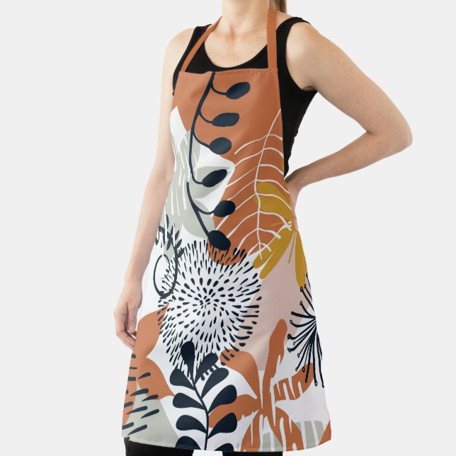 Boho White, Brown and Navy Leaves Apron (Insitu)