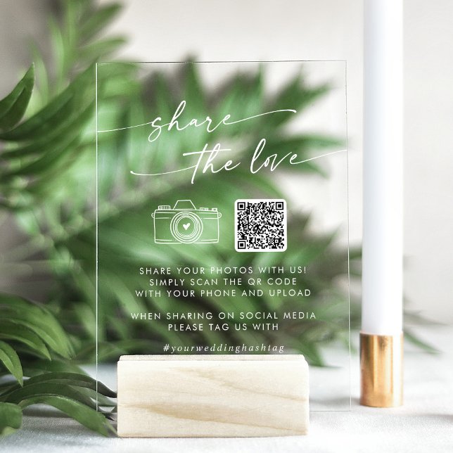 Boho White Clear Wedding Share the Love QR Code Acrylic Sign (Creator Uploaded)