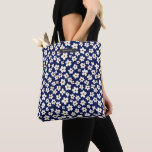 Boho White Daisies Blue Pattern Tote Bag<br><div class="desc">White daisy pattern over dark blue background.  Personalise with name over grey rectangle at top.</div>