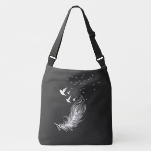 Boho White Feathers and Flying Birds Artistic Blac Crossbody Bag