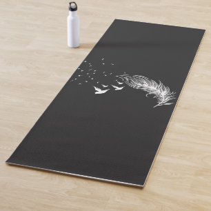 Boho White Feathers and Flying Birds Artistic Blac Yoga Mat