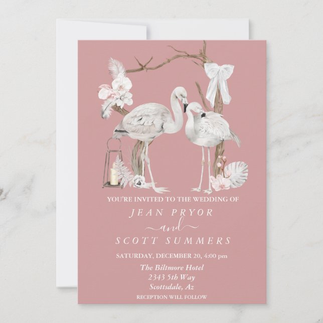 Boho White Flamingo Tropical Arch Floral   Invitation (Front)
