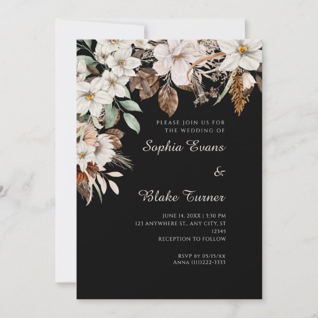 Boho White Floral Autumn Black Wedding Invitation (Front)