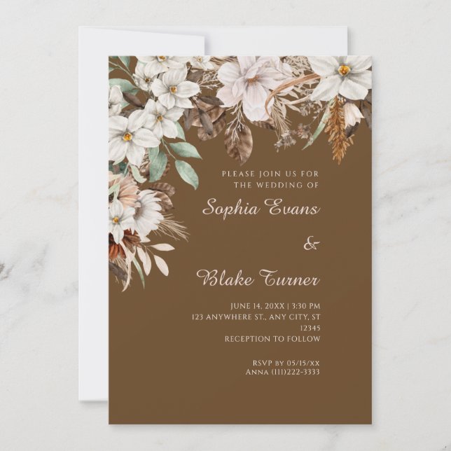 Boho White Floral Autumn Dark Brown Wedding Invitation (Front)