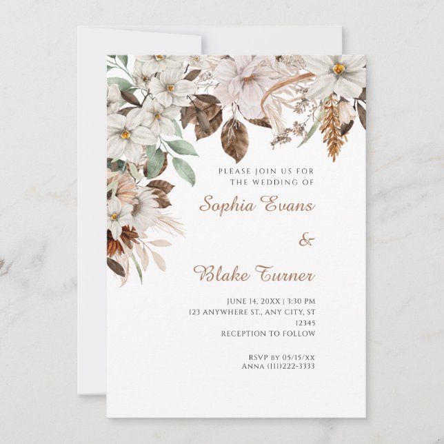 Boho White Floral Autumn White Wedding Invitation (Front)