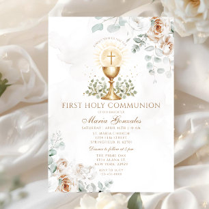 Boho White Floral Eucharist First Holy Communion Invitation
