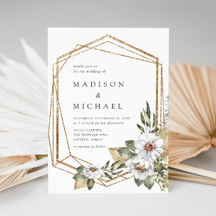 Boho White Floral & Greenery Geometric Wedding Invitation