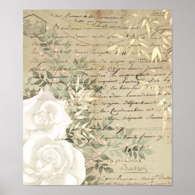 Boho White Floral Greenery Script Lettering Gold Poster (Front)