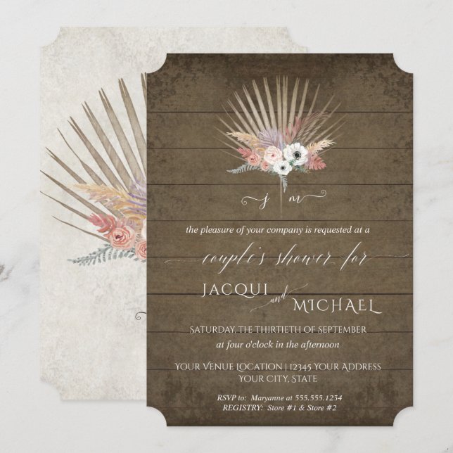 BOHO White Floral Palm Rustic Wood Couples Shower Invitation (Front/Back)