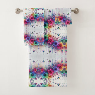 Boho White Floral Rainbow Bath Towel Set
