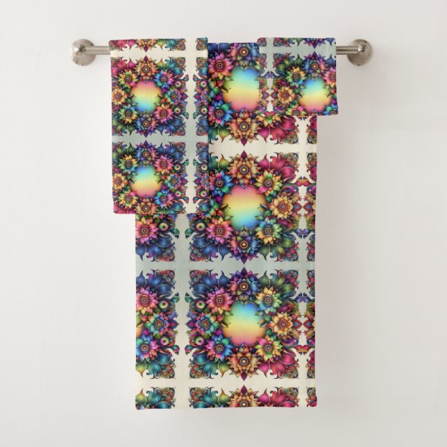 Boho White Floral Rainbow Bath Towel Set (Insitu)
