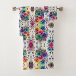 Boho White Floral Rainbow Bath Towel Set