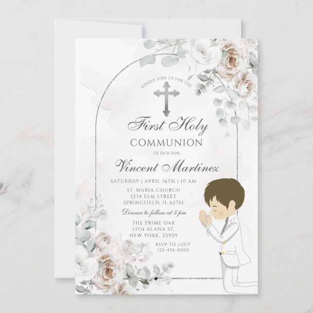 Boho White Floral Silver Cross Boy Praying Baptism Invitation (Front)
